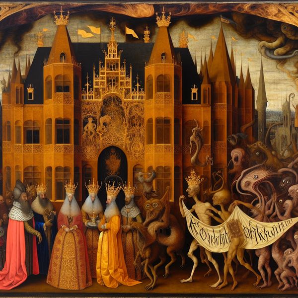 Koninklijk hof in surrealistische stijl: symboliek van het Nederlandse koningshuis Surrealistisch schilderij in de stijl van Jheronimus Bosch van een koninklijke hofhouding in Den Haag, met het woord 'koninklijk' op een banier en hybride wezens