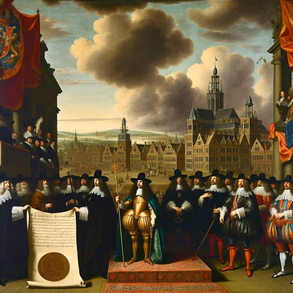 Historische koninklijke bekendmaking in 17e-eeuws Nederland - Jacob van Ruisdael stijl 17e-eeuwse Nederlandse koninklijke proclamatie met een koning die een officieel decreet bekendmaakt, omringd door ambtenaren in een stadssquare onder een dramatische lucht