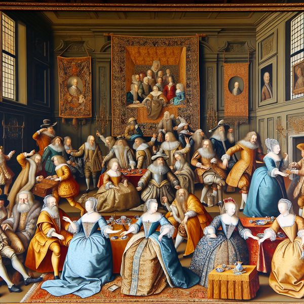 Koninklijke familie bijeenkomst in een paleis Een levendig tafereel van een koninklijke familie in historische kledij die samenkomt in een weelderig paleis.