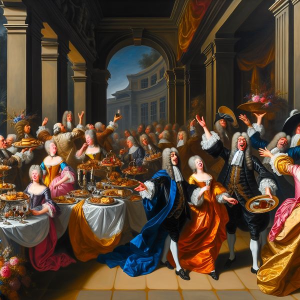 Koninklijke gastvrijheid in barokstijl: groots en weelderig onthaal Barokke scène van een koninklijke ontvangst met weelderige gastvrijheid en overdadige details, geïnspireerd op Peter Paul Rubens