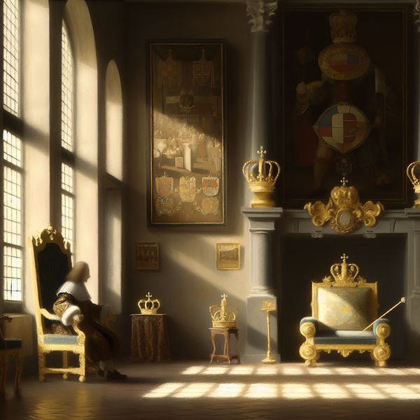 Koninklijk paleisinterieur in de stijl van Vermeer met koning Willem-Alexander bij een troon, omringd door Nederlandse symbolen en vlaggen