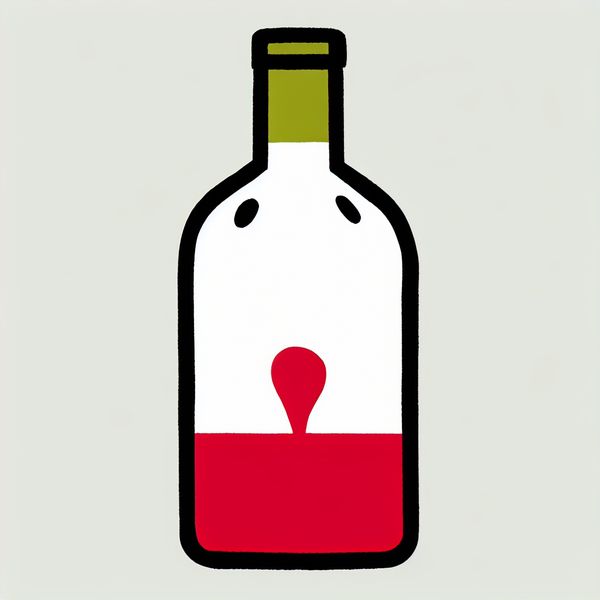 Minimalistische illustratie van een wijnglasfles met een restje rode wijn in het kontje, in de stijl van Dick Bruna