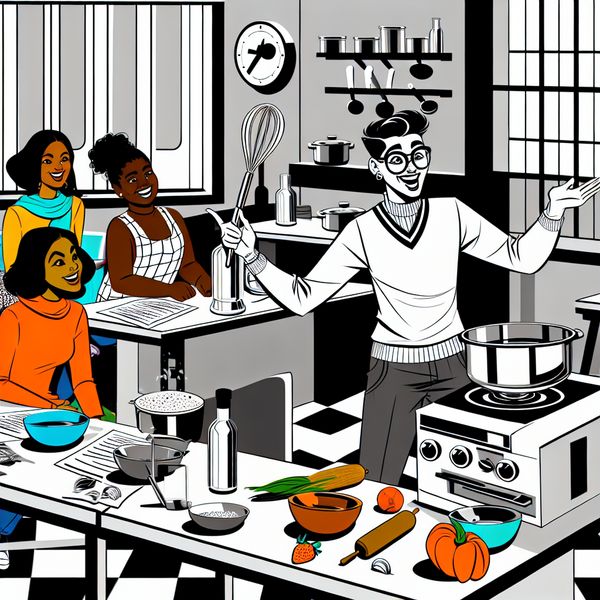 Enthousiaste kookles in een moderne keuken Een enthousiaste jonge man leert zijn vrienden kooktechnieken in een moderne keuken met een retro-futuristische stijl.