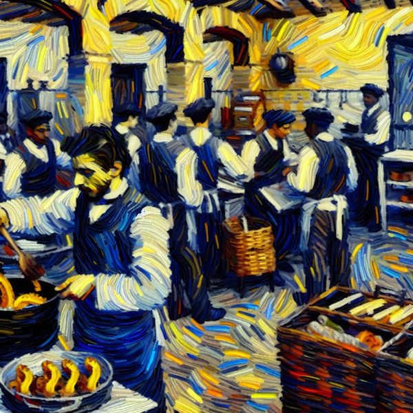 Kookcursus volgen in professionele keuken - Vocabulaire Nederlands leren Jonge man volgt kookles in professionele keuken met Van Gogh-stijl, levendige kleuren en dynamische penseelstreken