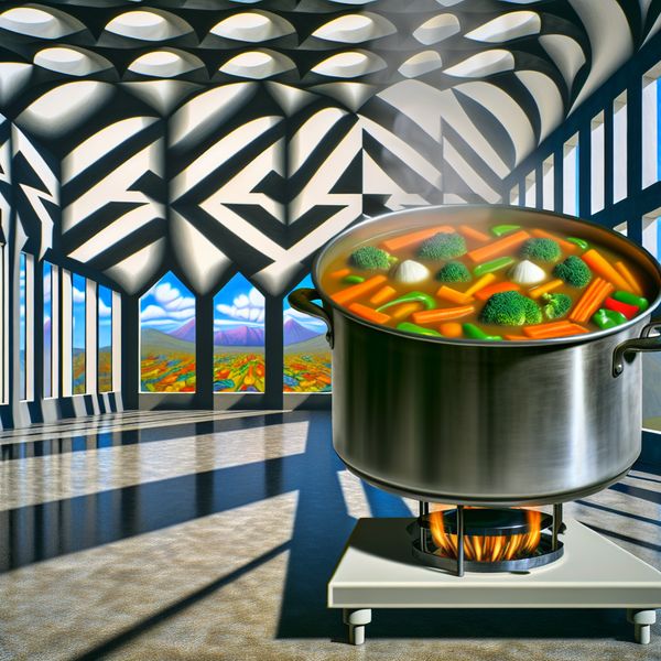 Kookpot met groenten in hyper-realistische keuken Hyper-realistische kookpot omringd door kleurrijke groenten in een moderne keuken