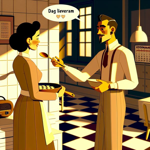 Koosnaam betekenis: intiem moment met 'Dag lieverd' in retro keuken Stel in retro-futuristische keuken, man fluistert 'Dag lieverd' tegen vrouw met houten lepel, sfeer van liefde en warmte