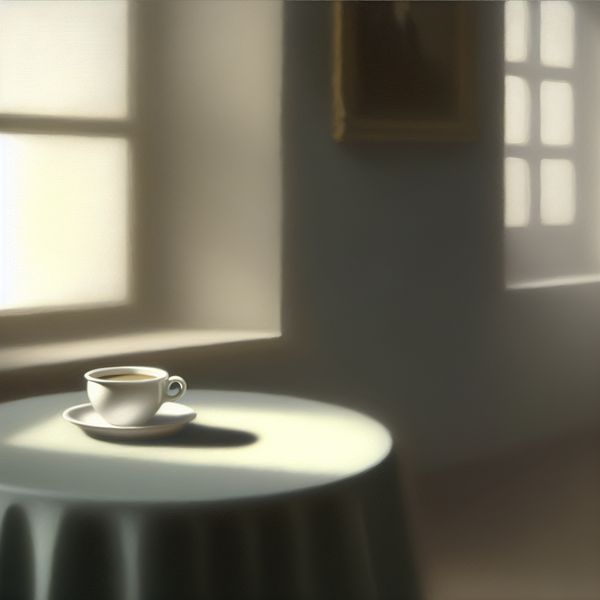 Een enkele kop koffie op een klein, rond tafeltje bij een raam met zacht, diffuus licht.