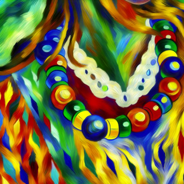 Abstract schilderij van een vrouw met een korte, kleurrijke kralenketting in de stijl van Karel Appel