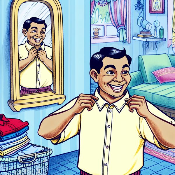 Korte mouw shirt met kraag aantrekken - taal leren Nederlands kleding vocabulaire Vrolijke cartoonfiguur trekt een netjes gestreken korte mouw shirt met kraag aan voor een spiegel, in een gezellige slaapkamer met speelse details
