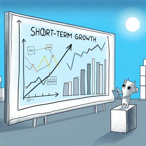 Korte Termijn Investering Strategie Illustratie Minimalistische illustratie van een financieel analyse scenario met een focus op korte termijn investeringen; een cartoonachtig personage kijkt naar een digitaal scherm met grafieken.