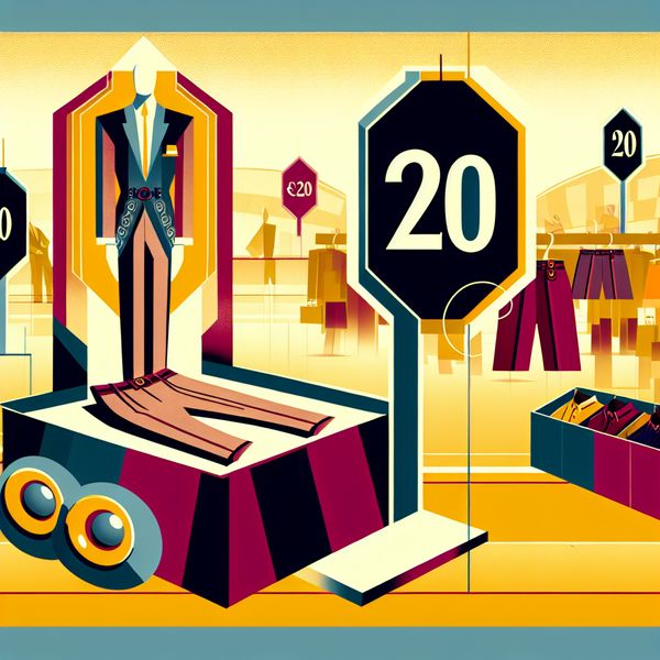 Betekenis van kosten: prijs van een product in winkel of markt - taalillustratie Retro-futuristische marktkraam met een broek met een prijskaartje van €20, illustratie over de betekenis van 'kosten'