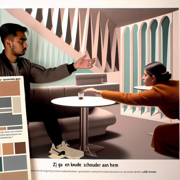 Koude schouder houding in retro-futuristische café setting Een persoon met een koude uitdrukking die aan een minimalistische tafel zit en zich afwendt van een ander in een stijlvol café, met geometrische vormen op de achtergrond.