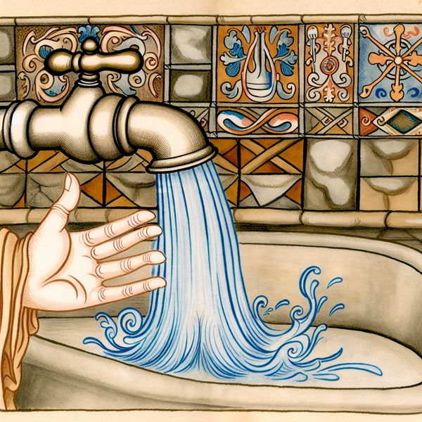 Cartoonkeuken met expressieve kraan waar water uit stroomt en een hand die de kraan dichtdraait