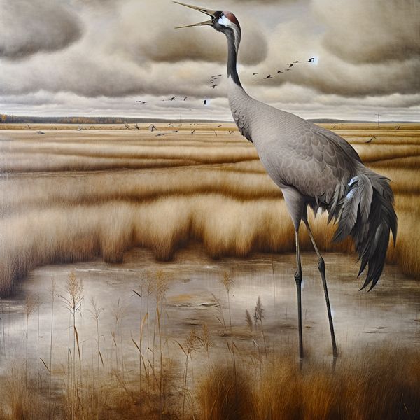 Grote grijze kraanvogel in uitgestrekt herfstmoeras tijdens vogeltrek, hyperrealistisch geschilderd in stijl van Carel Willink