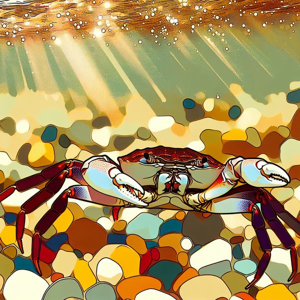 Illustratie van een krab op de oceaanbodem tussen kleurrijke stenen, met details van zijn harde schaal en scharen.