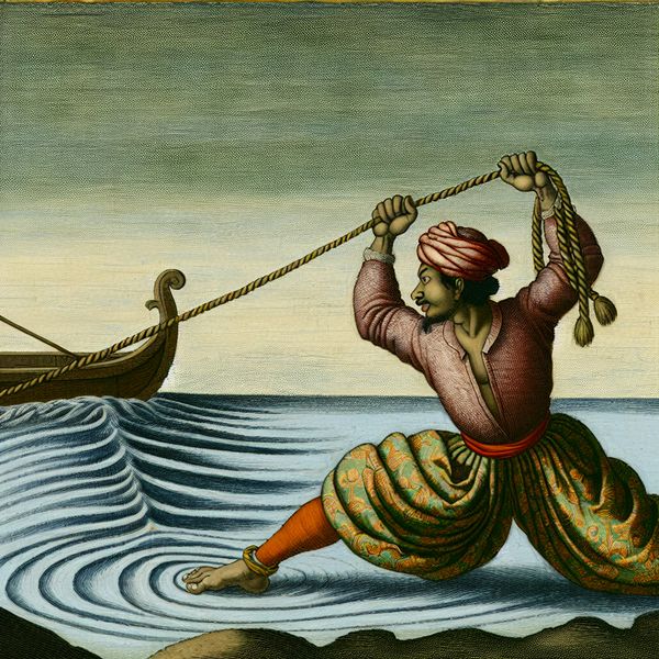 Persoon trekt met grote kracht aan een touw om een boot naar de oever te halen, spieren gespannen in een realistisch schilderij in de stijl van Gerard ter Borch
