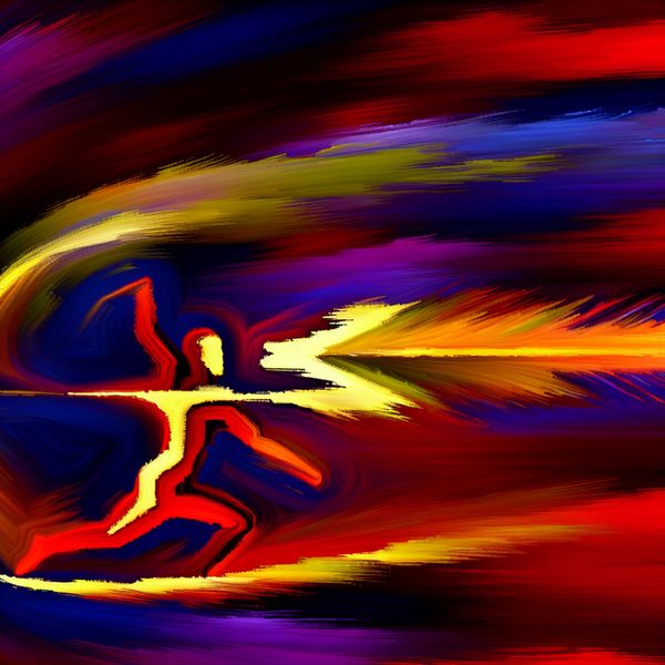 Abstract expressionistische voorstelling van een persoon die met kracht een gloeiende pijl werpt, met dynamische beweging en felle kleuren