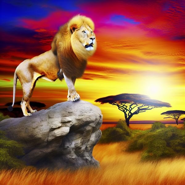 Krachtige Leeuw op Rots in Afrikaanse Savanne Majestueuze leeuw staat trots op een rots in de Afrikaanse savanne tijdens zonsondergang, met gouden manen en krachtige uitstraling.