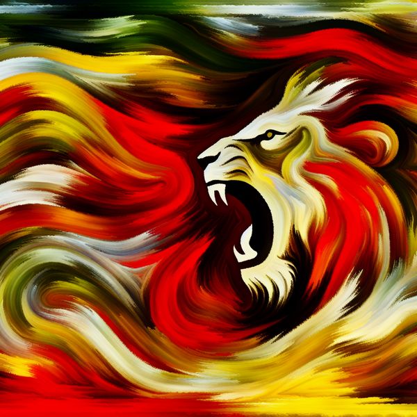 Krachtige Leeuw als Symbool van Moed en Vastberadenheid Abstract expressionist afbeelding van een krachtige leeuw die moed en vastberadenheid uitstraalt