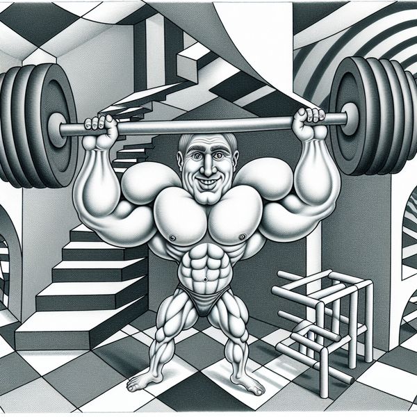 Krachtige man met gewichten in een surrealistische sportschool Een sterke man tilt gewichten in een surrealistische sportschool, omringd door geometrische vormen en patronen.