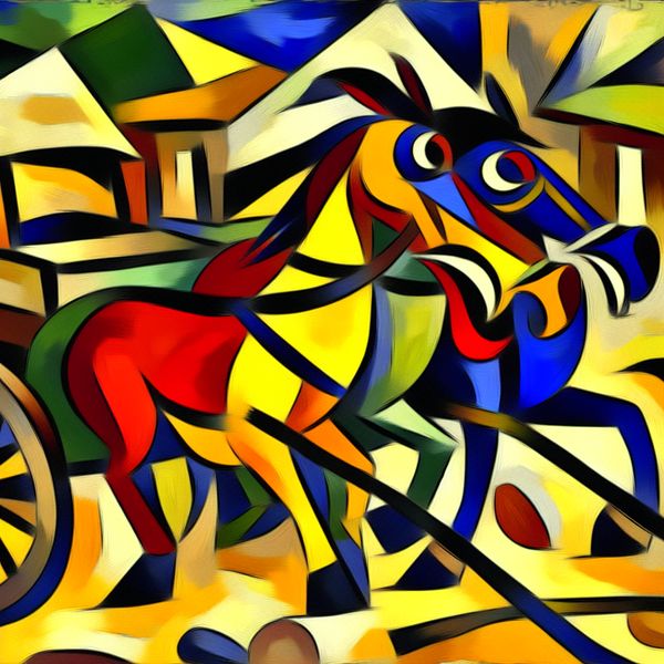 Kleurrijke, abstracte voorstelling van sterke paarden die met kracht een houten kar door een dorp trekken in de stijl van Karel Appel