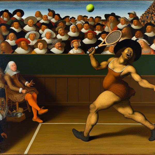 Tennisserve met kracht - Dynamische sportactie in Jan Steen-stijl Vrouwelijke tennisspeelster serveert met volle kracht tijdens dynamische wedstrijd in stijl van Jan Steen