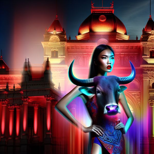 Krachtige vrouw als symbool van energie en dominantie Een krachtige vrouw die een bull symboliseert, staat zelfverzekerd voor een dramatische stadscQ, met monumentale architectuur op de achtergrond.