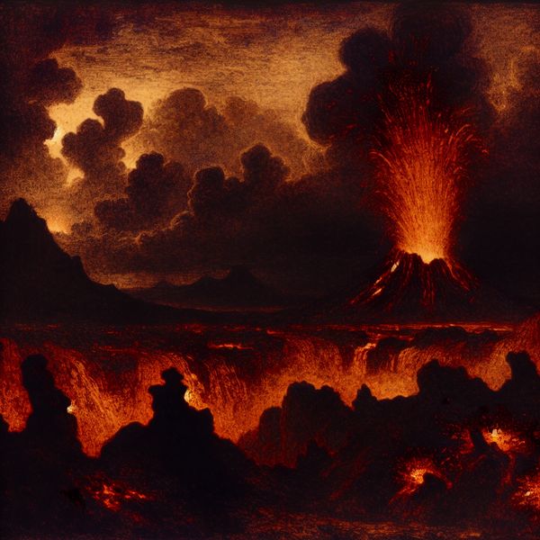 Een krachtige vulkaanuitbarsting met vuurrode lava en zware aswolken in een dramatische, gotische stijl