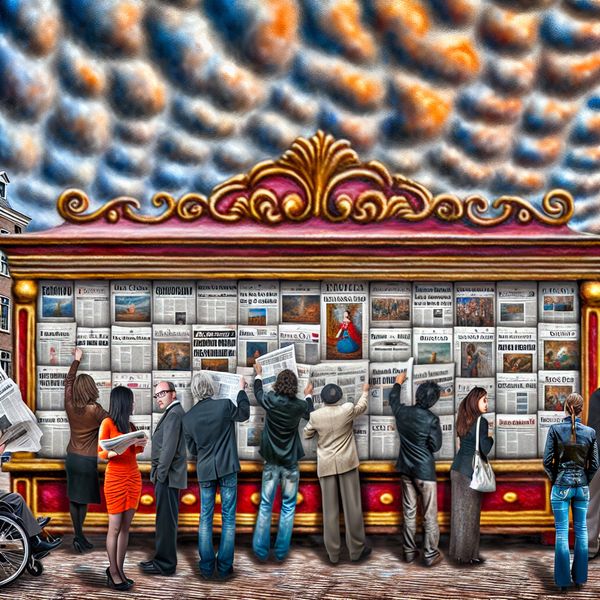 Een levendige krantenstand in een druk stadsplein met verschillende kranten, elk met grote, opvallende koppen.