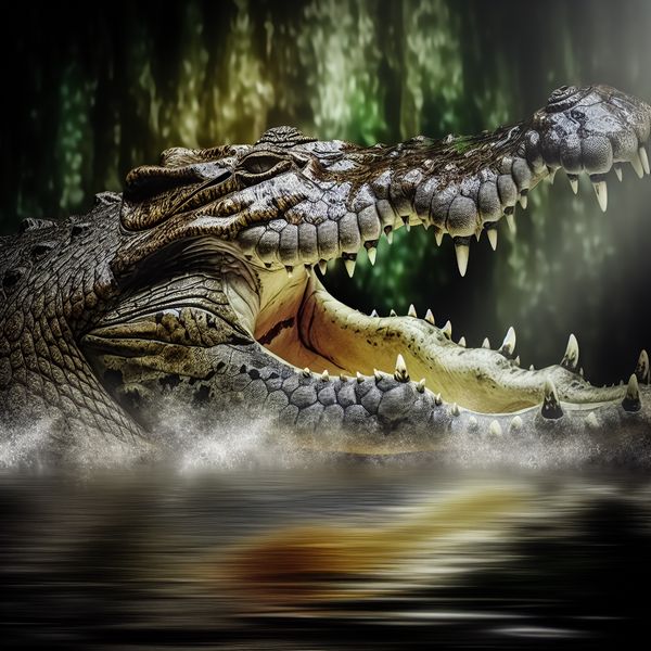 Dramatische illustratie van een krokodil met open bek vol scherpe tanden, deels onder water in tropische omgeving, geschilderd in levendige stijl van Frans Hals