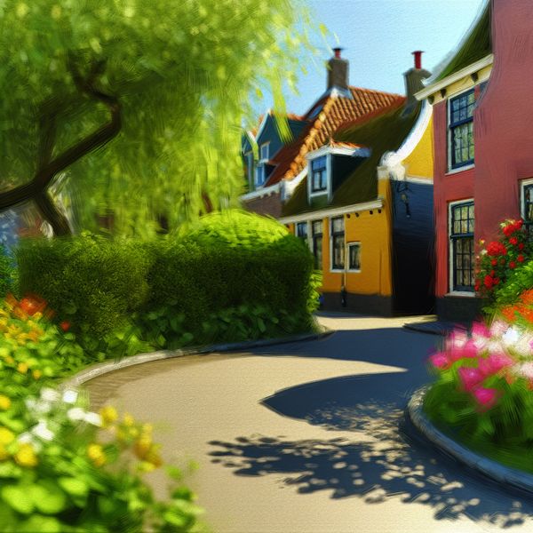 Kronkelig pad naar een uitnodigende tuin Een kronkelig pad dat om een gezellig huis heen leidt, omringd door weelderig groen en bloeiende bloemen.