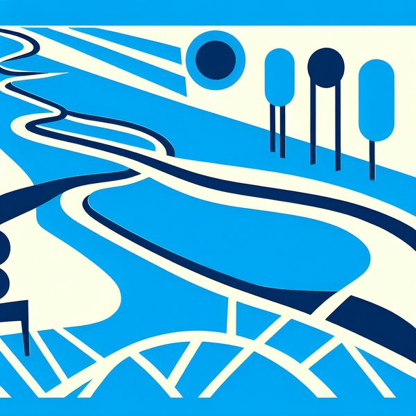 Minimalistische illustratie van een kronkelige rivier met bomen en een heldere lucht in de stijl van Dick Bruna.