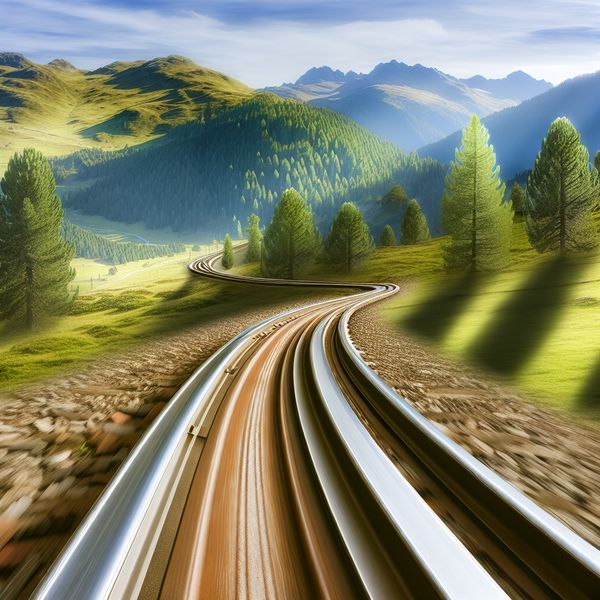 Een kronkelige spoorlijn door een serene berglandschap met glanzende rails en groene heuvels.