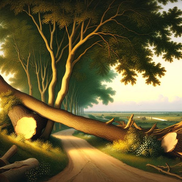 Een rustige landschap met een kronkelige weg geblokkeerd door grote omgevallen bomen als symbolen van obstakels.