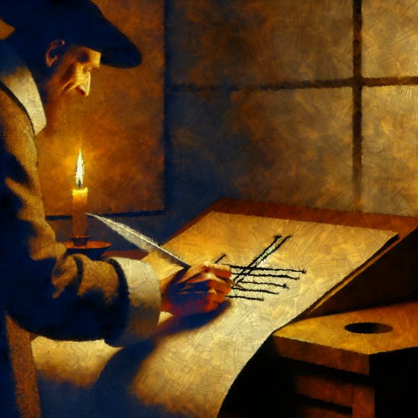 Oude persoon tekent een eenvoudig kruis op perkament met een ganzenveer in een sfeervol verlichte kamer, Rembrandt-stijl