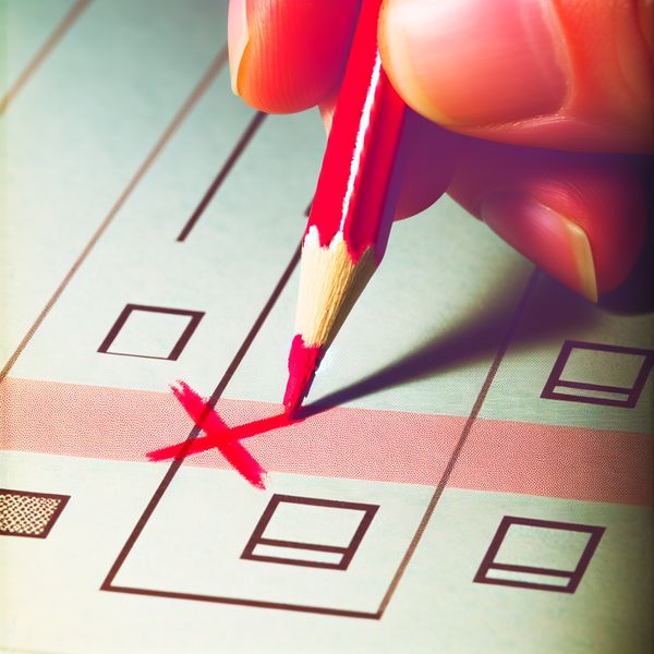Hand met rode potlood tekent een klein kruisje in een checkbox op een retro formulier