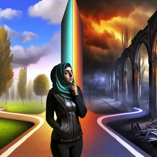 Kruispunt van Beslissingen: Hyperrealistisch Schilderij van Twijfel Een persoon staat bij een kruispunt, blijvend nadenkend over twee paden, één verlicht en kleurrijk, de andere donker en dreigend.