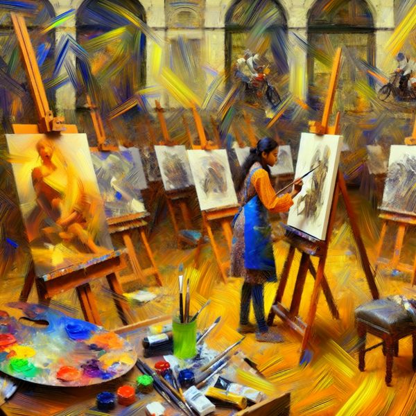 Abstract expressionistisch schilderij van een bruisende kunstacademie in Amsterdam met een student die aan een groot doek werkt, omringd door schildersezels, sculptuurtools en muziekinstrumenten