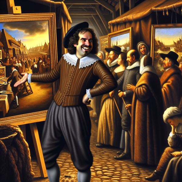 17e-eeuwse Nederlandse marktscène met trotse kunstenaar die zijn schilderijen aanbeveelt aan potentiële kopers, in de stijl van Jacob van Ruisdael