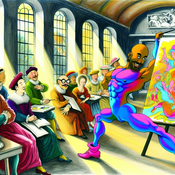 Kunstenaar Demonstreert Unieke Techniek In Artistieke Studio Een kunstenaar geeft een demonstratie van een unieke techniek in een levendige studio, met een kleurrijk publiek dat geïnteresseerd toekijkt.