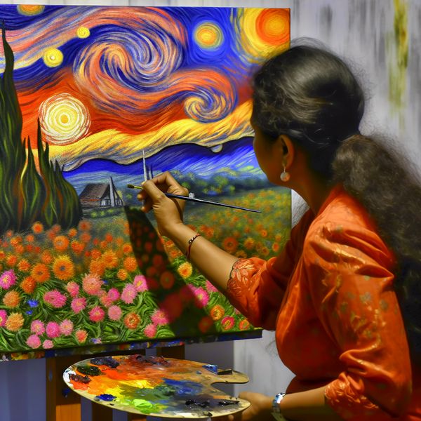 Een kunstenaar staat voor een onvoltooid canvas en brengt delicate penseelstreken aan op een levendig landschap tijdens een zonsondergang.