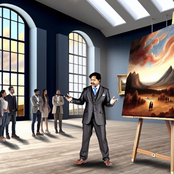 Kunsthandelaar toont uniek schilderij in galerie Kunsthandelaar toont uniek schilderij in een elegante galerie met natuurlijk licht