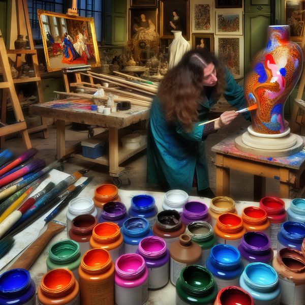 Kleurprocessen in een creatieve kunststudio Vrouw die heldere lak aan keramische pot aanbrengt in een levendige kunststudio