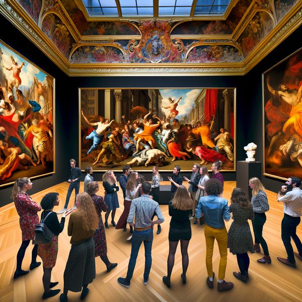 Vibrante Kunsttentoonstelling met Studenten Studenten bespreken levendig verschillende kunstwerken in een barokke kunsttentoonstelling met details en dramatische verlichting.