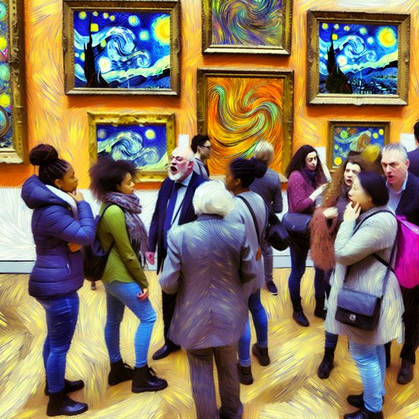Een levendige kunsttentoonstelling met diverse bezoekers die gefascineerd kunstwerken bespreken.