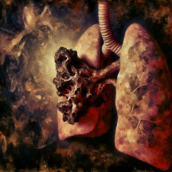 Kwaadaardige tumor in long: medische illustratie in Rembrandt-stijl Gedetailleerde medische illustratie van een kwaadaardige tumor in een menselijke long, weergegeven in dramatische Rembrandt-stijl met chiaroscuro belichting