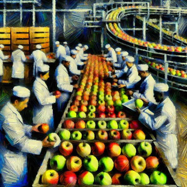 Abstract expressionistische voorstelling van kwaliteitscontrole in een fabriek, waar arbeiders appels inspecteren met vergrootglazen en steekproeven nemen