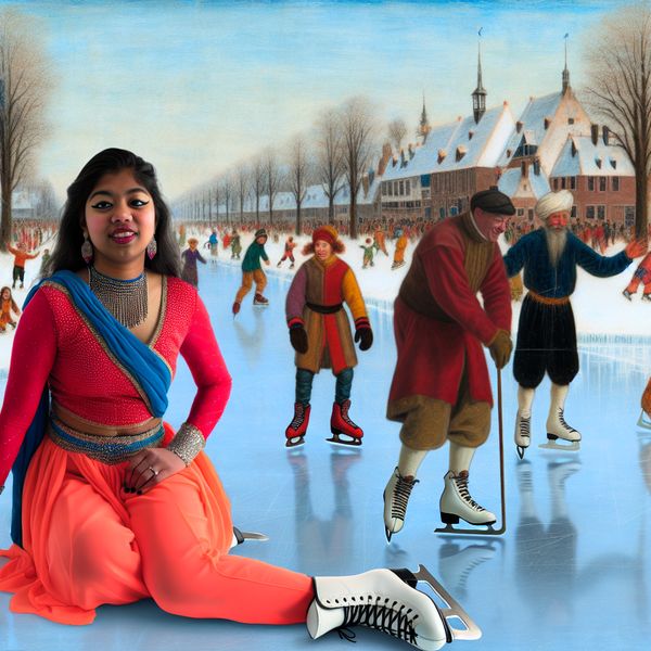 KWETSBARE VROUW OP DE WINTERSE SCHAEPSPORT Jonge vrouw op het ijs, in een skater's jurk, kijkt aarzelend terwijl andere schaatsers vrolijk voorbij komen.