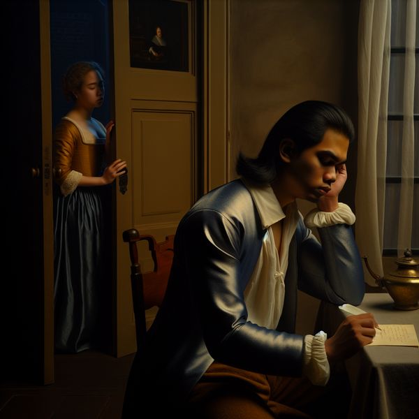 Emotionele pijn na kwetsende woorden - Nederlandse schilderkunst stijl Vermeer Jongeman met pijnlijke uitdrukking in 17e-eeuws interieur na kwetsende woorden, Vermeer-stijl