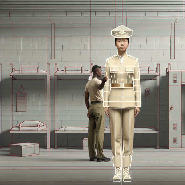 Beginnende militair zonder officiersrang: laagste rang in het leger Jonge militaire rekruut in eenvoudig uniform zonder rangtekens, staand in minimalistische kazerne met retro-futuristisch ontwerp